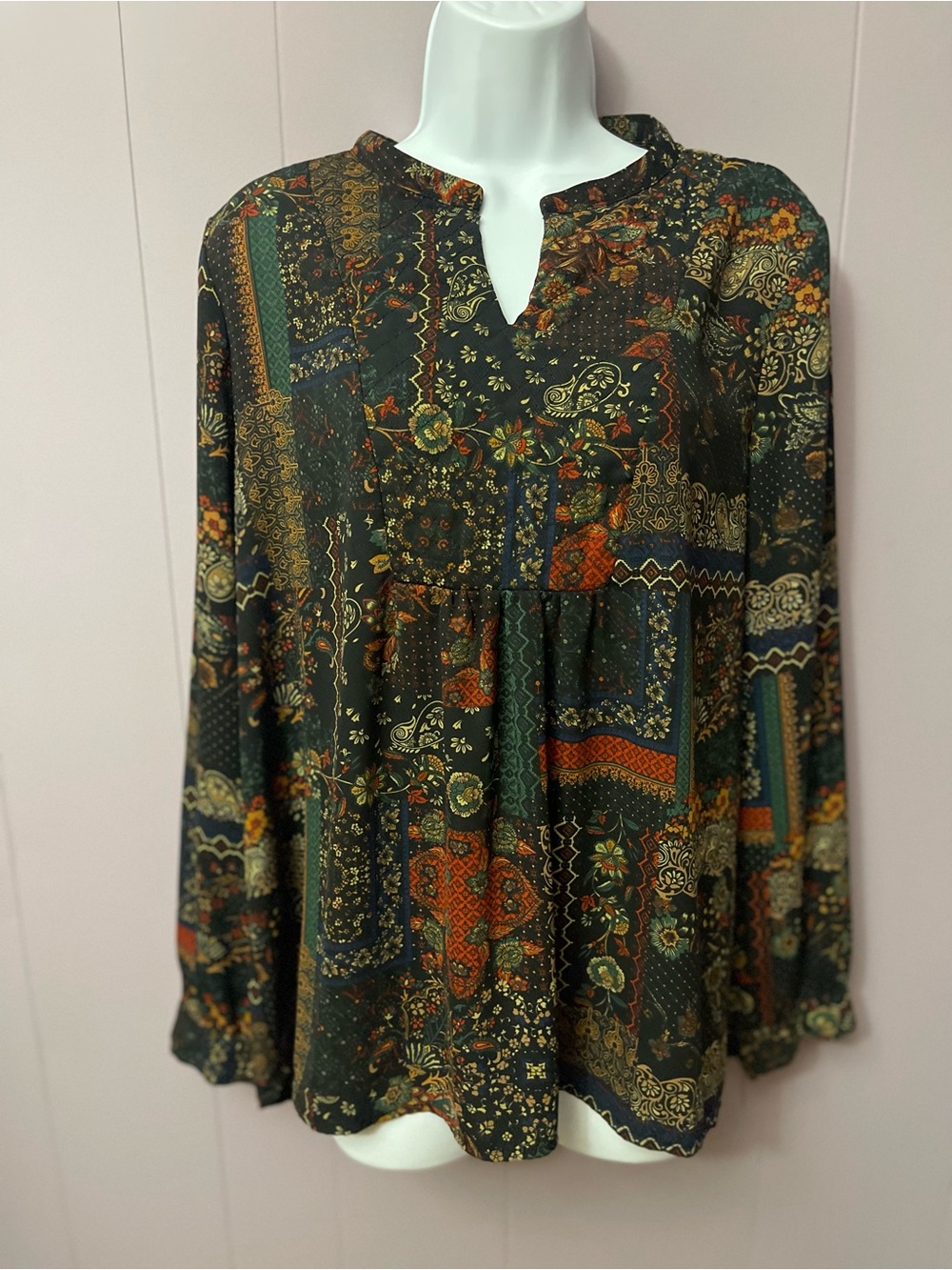 BCBGMaxAzria Dark Green Multi Paisley Patchwork Tunic